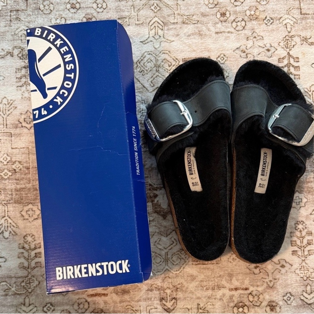 Birkenstock Madrid Big Buckle Shearling, Black Oiled Leather (new in box)